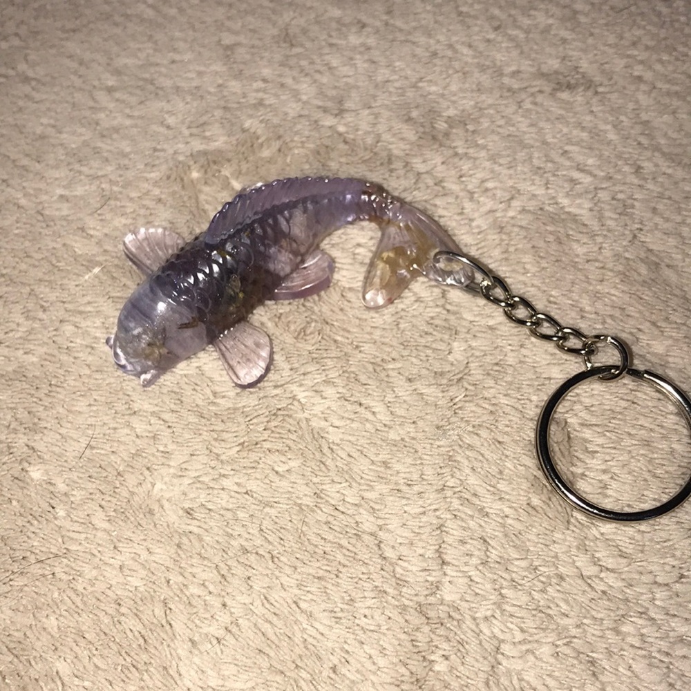 Epoxy resin koi fish keychain with baby’s breath and love ❤️ wooden heart